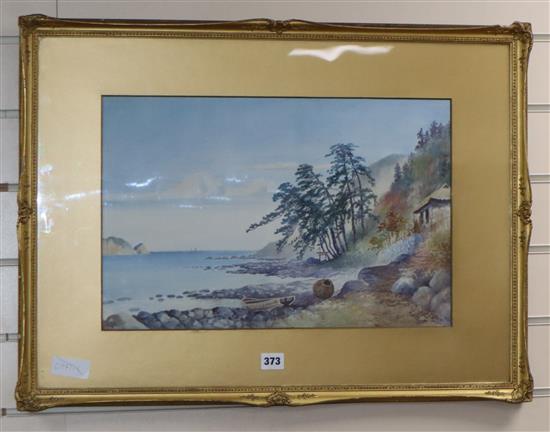 Eizo Kato, watercolour, Japanese coastal landscape, signed, 31 x 48cm